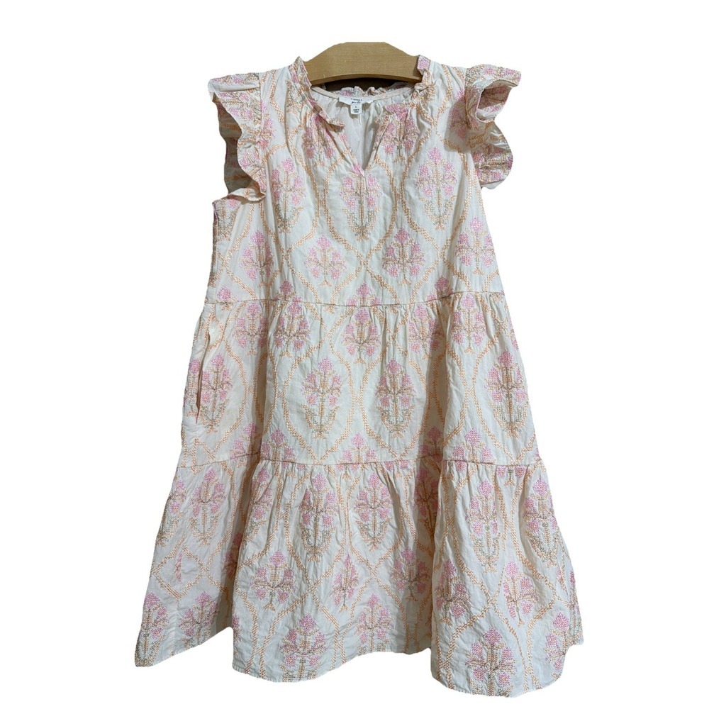 A Loves A Embroidered Floral Tiered Dress Cream Pink Ruffled Sleeve Girls Size L